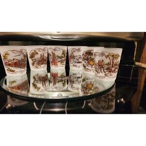 Vintage Currier & Ives Low Ball Frosted Glasses 3 1/2" Set Of 6 Rare